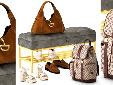 Set bench shoe rack sneakers Gu cci bag backpack 3D Model