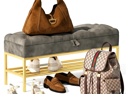 Set bench shoe rack sneakers Gu cci bag backpack 3D Model