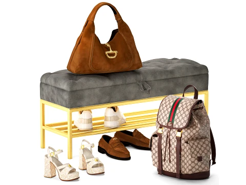 Set bench shoe rack sneakers Gu cci bag backpack 3D Model