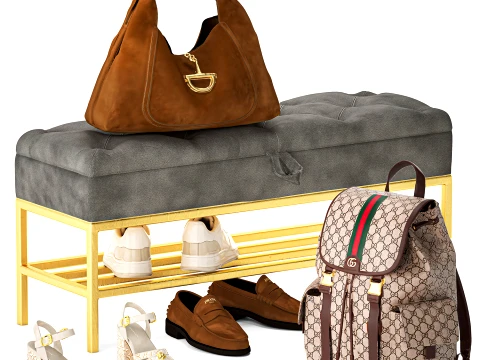 Set bench shoe rack sneakers Gu cci bag backpack 3D Model