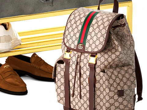 Set bench shoe rack sneakers Gu cci bag backpack 3D Model