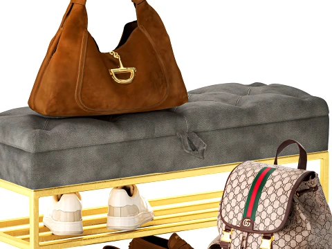 Set bench shoe rack sneakers Gu cci bag backpack 3D Model