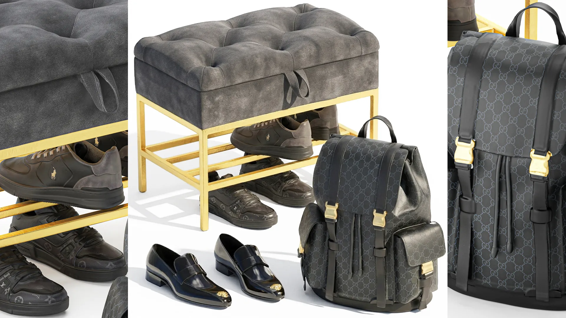 Set small bench shoe rack sneakers Gu cci bag backpack 3D Model .c4d .max .obj .3ds .fbx .stl .blend 