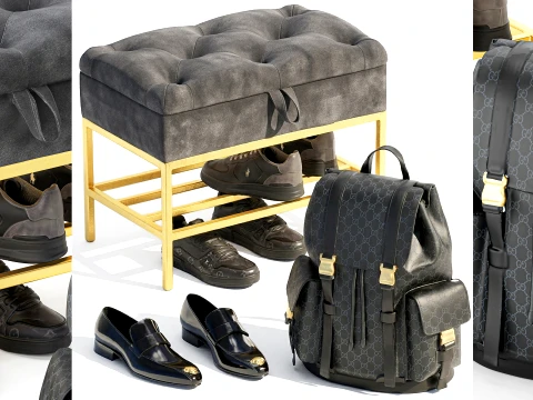 Set small bench shoe rack sneakers Gu cci bag backpack 3D Model