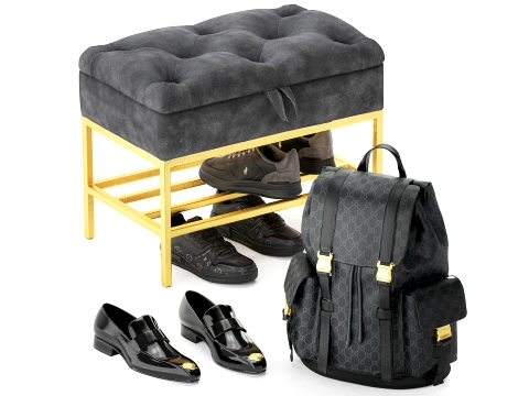 Set small bench shoe rack sneakers Gu cci bag backpack 3D Model