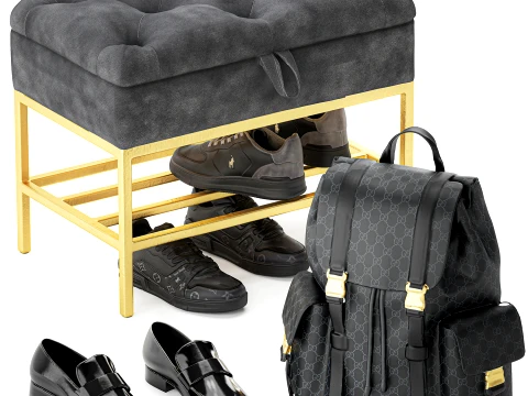 Set small bench shoe rack sneakers Gu cci bag backpack 3D Model
