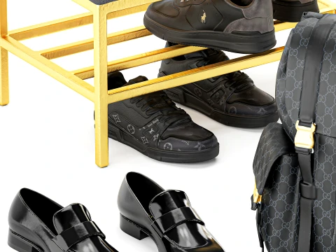 Set small bench shoe rack sneakers Gu cci bag backpack 3D Model