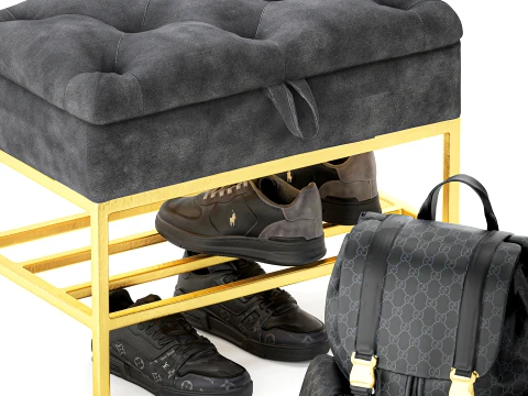 Set small bench shoe rack sneakers Gu cci bag backpack 3D Model