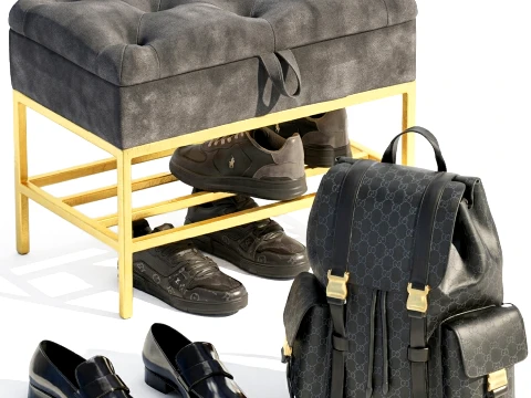 Set small bench shoe rack sneakers Gu cci bag backpack 3D Model
