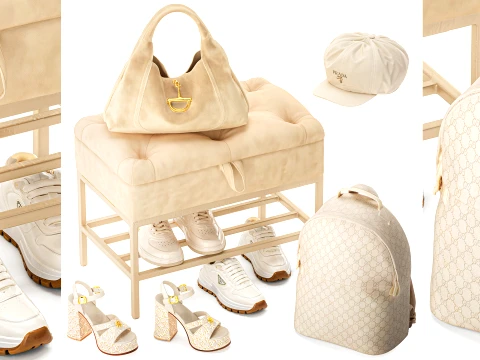 Conjunto pequeno banco sapato rack tênis saco mochila decoração novo Modelo 3D