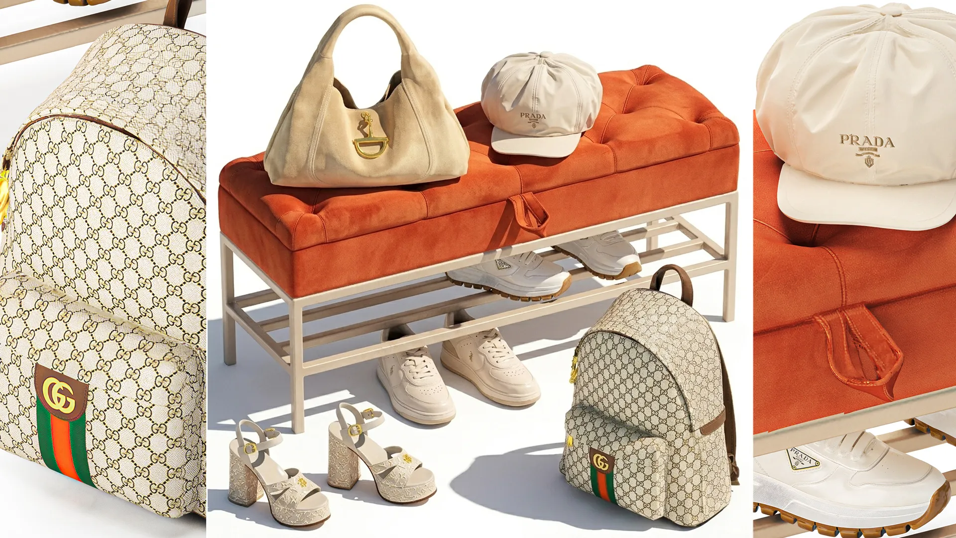Set Small Bench Shoe Rack Sneakers bag Backpack decor new 3D Model .c4d .max .obj .3ds .fbx .stl .blend 