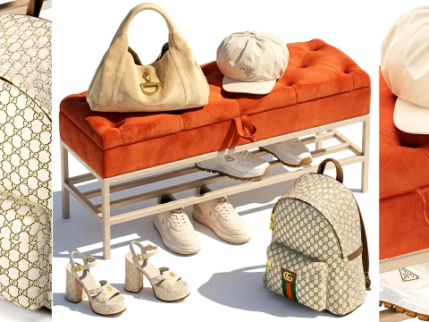 Set Small Bench Shoe Rack Sneakers bag Backpack decor new 3D Model