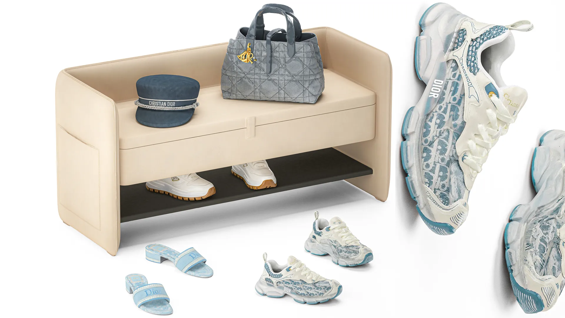 Set Small Bench Shoe Rack Sneakers bag Backpack decor new 3D Model .c4d .max .obj .3ds .fbx .stl .blend 