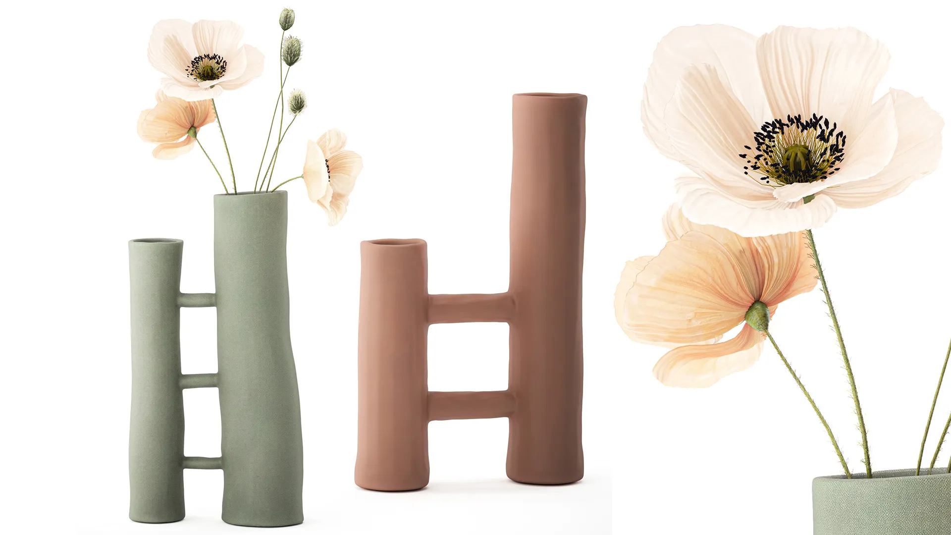 Minimalist bouquet white poppy peony Italian vases decor set 3D Model .c4d .max .obj .3ds .fbx .stl .blend