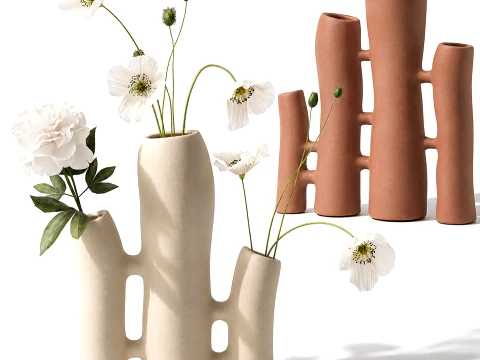 Bouquet Minimaliste Coquelicot Blanc Pivoine Vases Italiens Modèle 3D