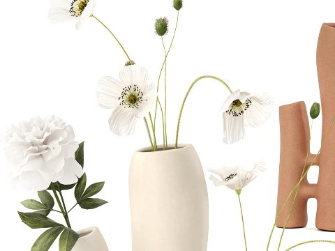 Minimalist Bouquet White Poppy Peony Italian Vases 3D Model