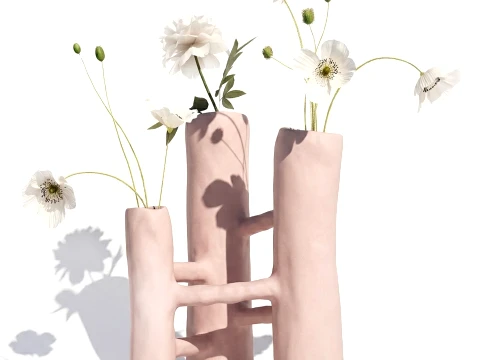 Ramo minimalista de amapola blanca y peon&iacute;a, jarr&oacute;n escult&oacute;rico italiano Modelo 3D
