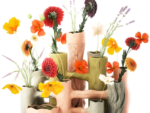 Bouquet Poppy Chrysanthemum Lavender vase new top 3D Model