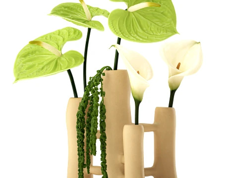 Bouquet White Flowers Anthurium Calla Amaranth Vase decor 3D Model