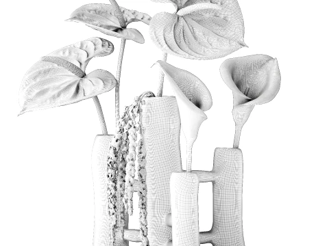 Bouquet White Flowers Anthurium Calla Amaranth Vase decor 3D Model
