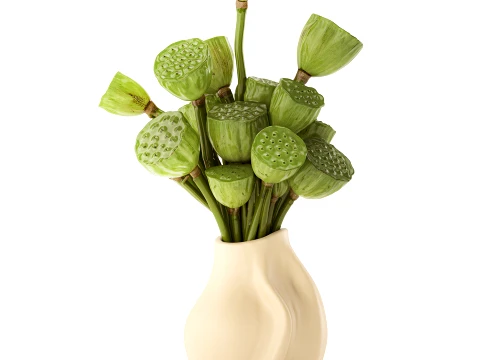 Bouquet green flowers small ceramic vase lotus dry decor 3D Model