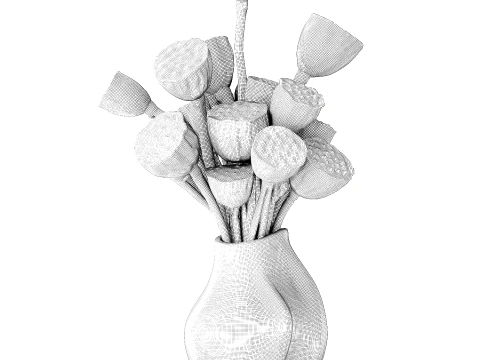 Bouquet green flowers small ceramic vase lotus dry decor 3D Model
