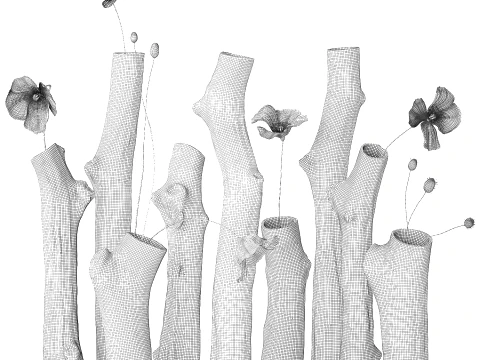 Branches Bouquet White Poppy Peony Vases set decor 3D Model