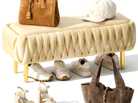 Set Small Bench Shoe Rack Sneakers Bag Backpack decor 3D Model