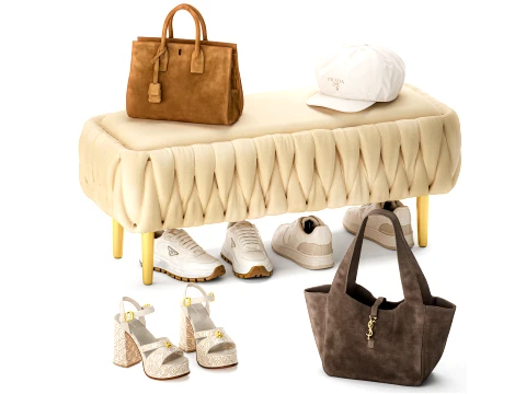 Set Small Bench Shoe Rack Sneakers Bag Backpack decor 3D Model