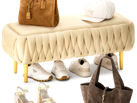 Set Small Bench Shoe Rack Sneakers Bag Backpack decor 3D Model