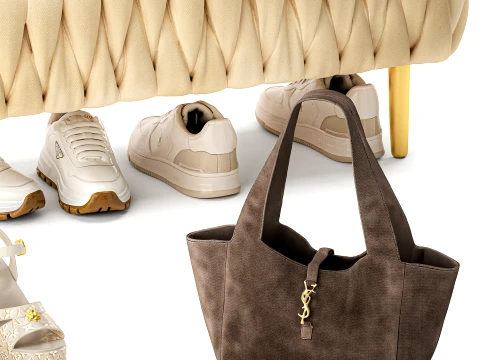 Set Small Bench Shoe Rack Sneakers Bag Backpack decor 3D Model