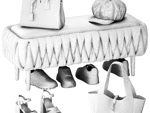 Set Small Bench Shoe Rack Sneakers Bag Backpack decor 3D Model