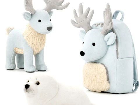 Soft plush toys baby seal deer fawn backpack set decor 3D Model