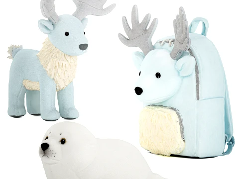 Soft plush toys baby seal deer fawn backpack set decor 3D Model