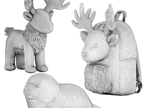 Soft plush toys baby seal deer fawn backpack set decor 3D Model