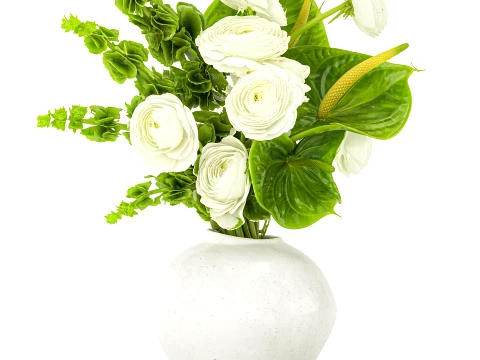 Bouquet Flowers Anthurium Moluccella Ranunculus vase decor 3D Model