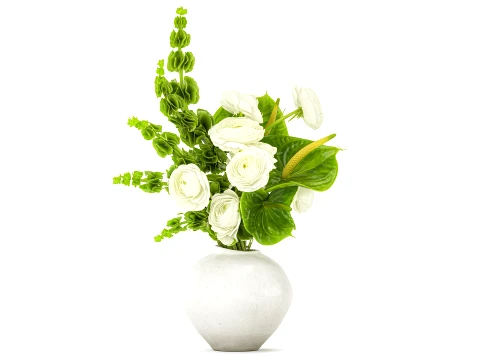 Bouquet Flowers Anthurium Moluccella Ranunculus vase decor 3D Model