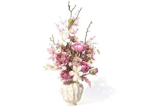 Bouquet flowers orchid peony asparagus fern branches vase decor 3D Model
