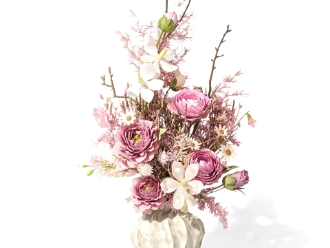 Bouquet flowers orchid peony asparagus fern branches vase decor 3D Model