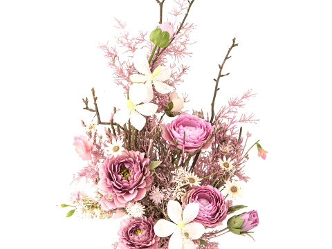 Bouquet flowers orchid peony asparagus fern branches vase decor 3D Model