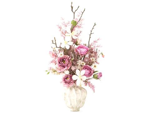 Bouquet flowers orchid peony asparagus fern branches vase decor 3D Model