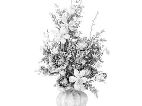 Bouquet flowers orchid peony asparagus fern branches vase decor 3D Model