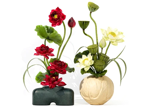 Bouquets Green Lotus Flowers Leaves Lilies Vase decor set new Modèle 3D