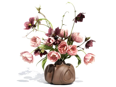 Bouquet flowers vase featuring tulips hellebore clematis decor 3D Model
