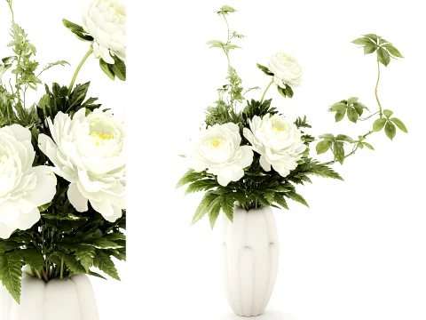 Bouquet white green flowers peony vase decor 3D Модель