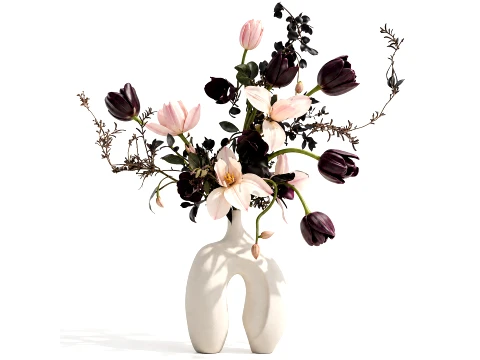 Bouquet tulips magnolias flowers vase eucalyptus branches decor 3D Model