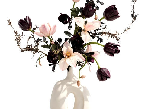 Bouquet tulips magnolias flowers vase eucalyptus branches decor 3D Model