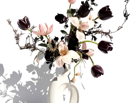 Bouquet tulips magnolias flowers vase eucalyptus branches decor 3D Model
