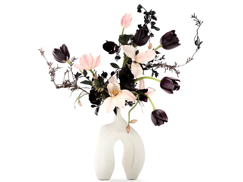 Bouquet tulips magnolias flowers vase eucalyptus branches decor 3D Model