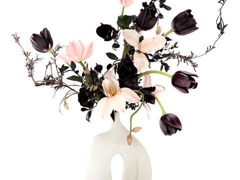 Bouquet tulips magnolias flowers vase eucalyptus branches decor 3D Model